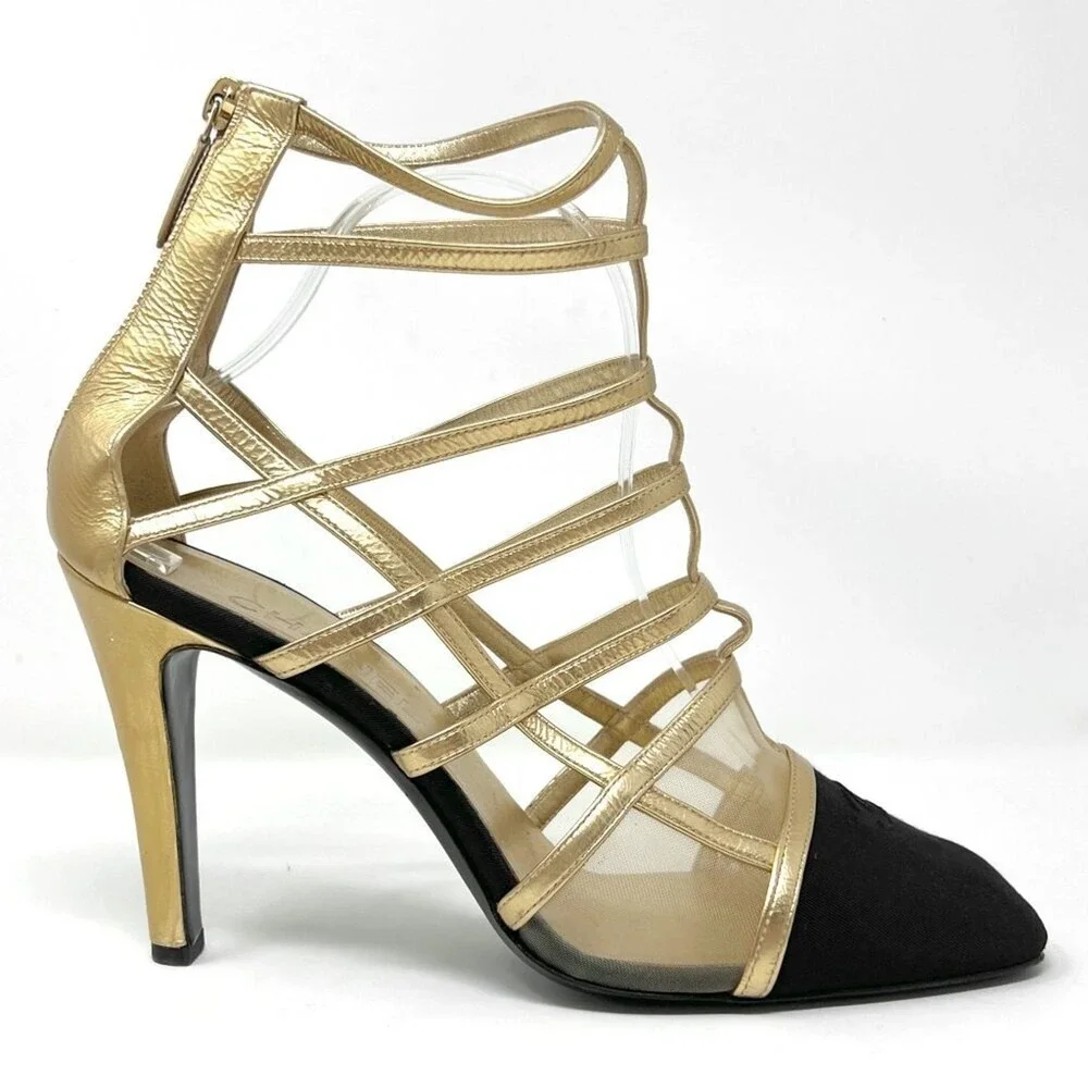 Chanel Black Gold Strappy‎ Heels CC Cap Toe Sandals Pumps Size 42